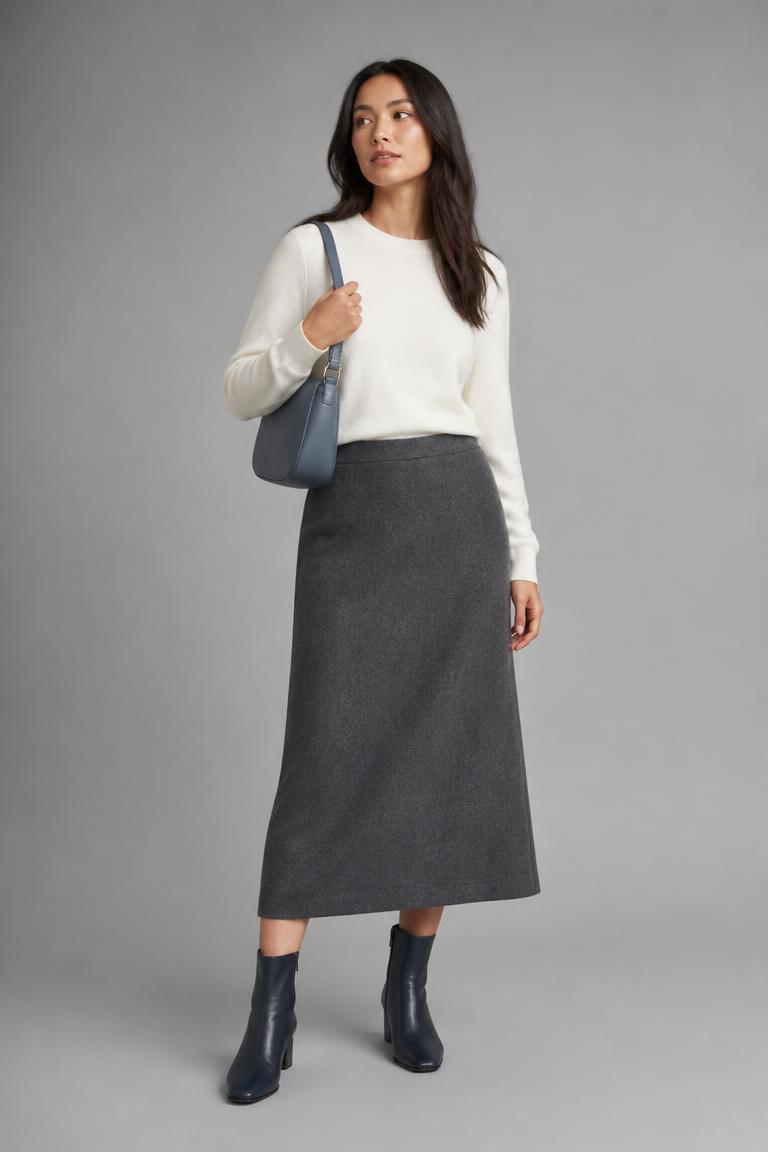 Model wearing the Navy into slate look with the ink navy ankle boot